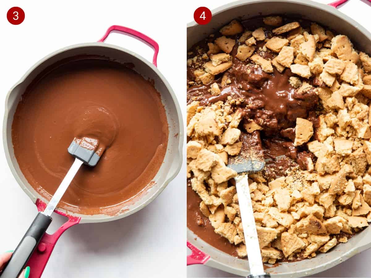 Chocolate melted in the pan in the first shot and then crumbled biscuits added to pan in second photo.