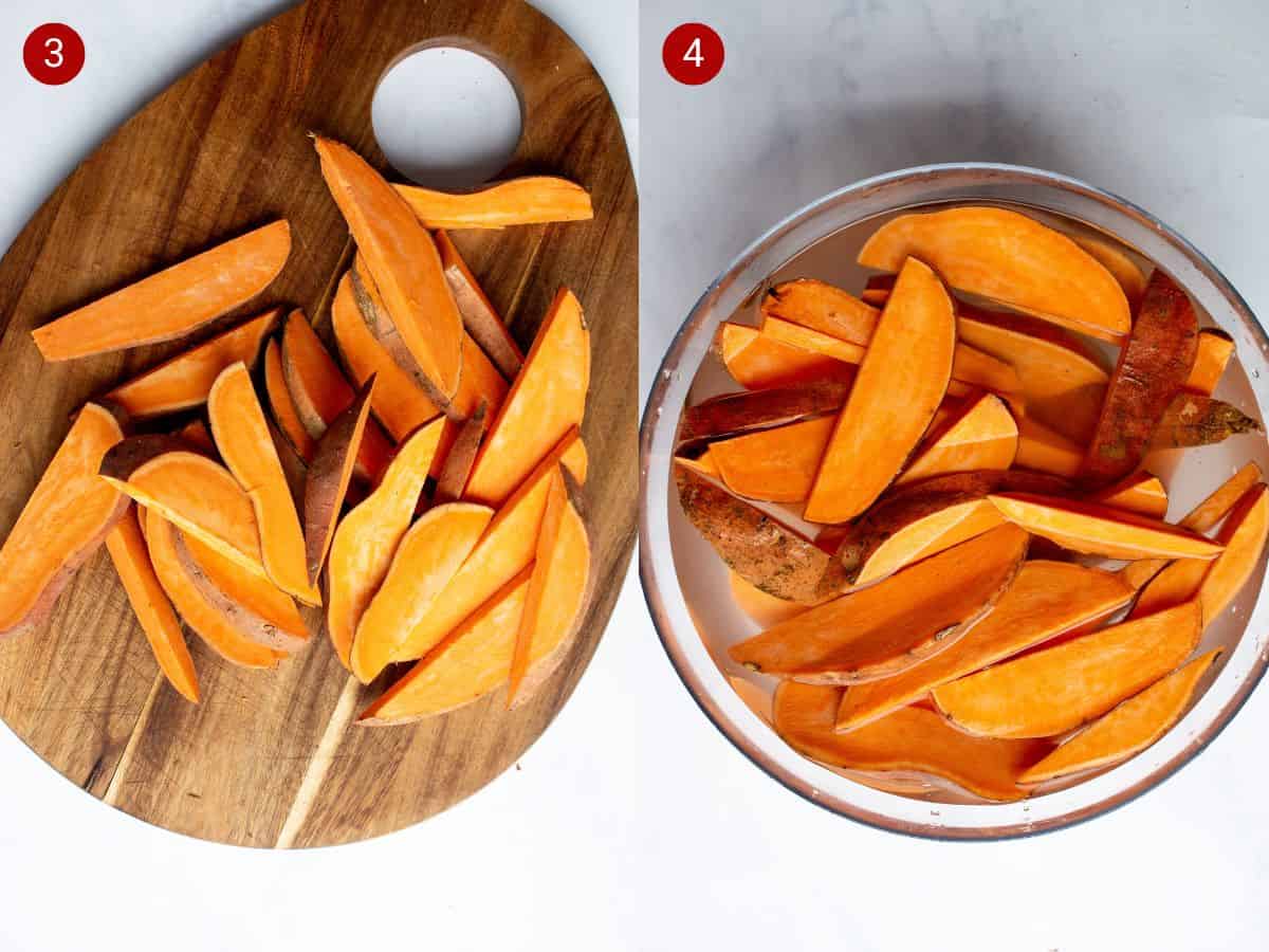 Step by step photos, one with sweet potatoes chopped on board and then another with slices of potato in water in a bowl