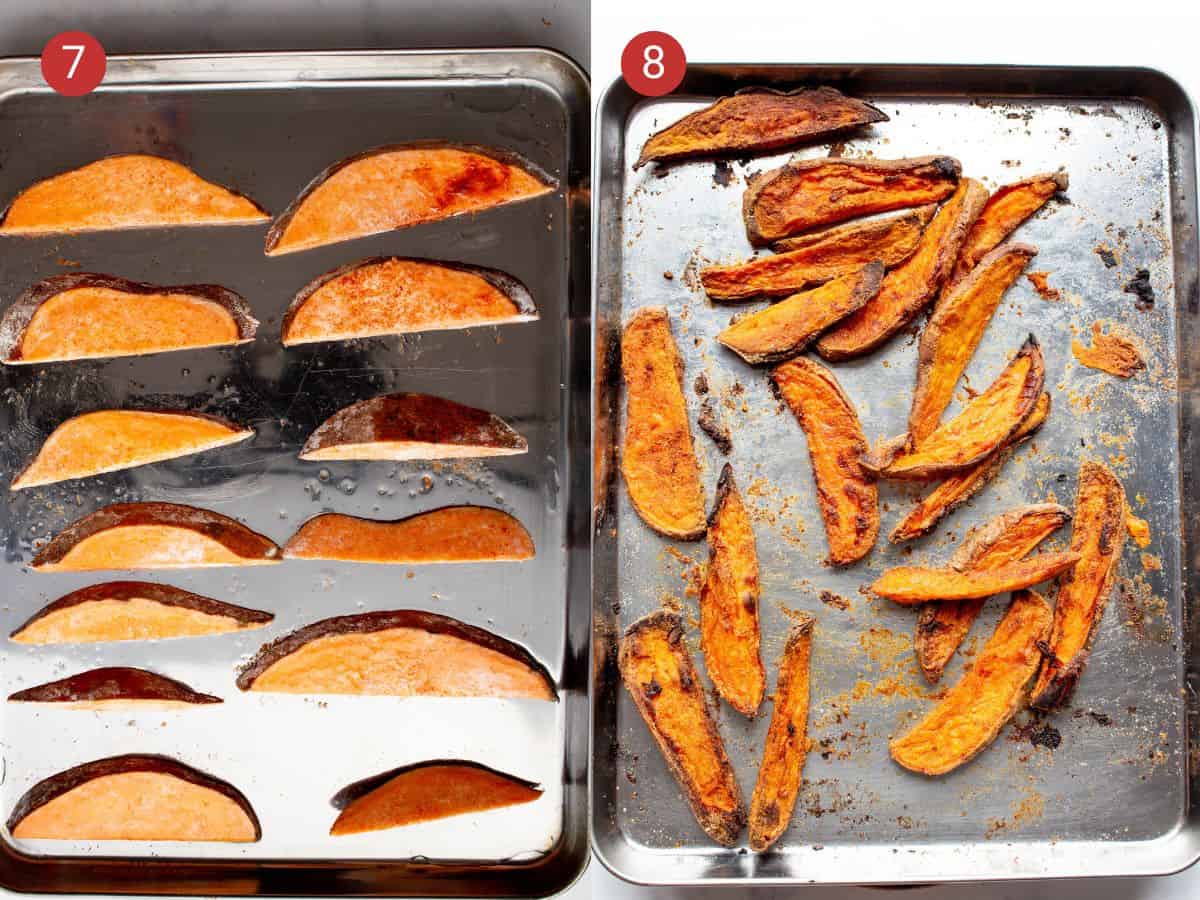 Step by step photos, Sweet potato slices laid out on silver baking tray in first shot and then cooked sweet potatoes in second photo.