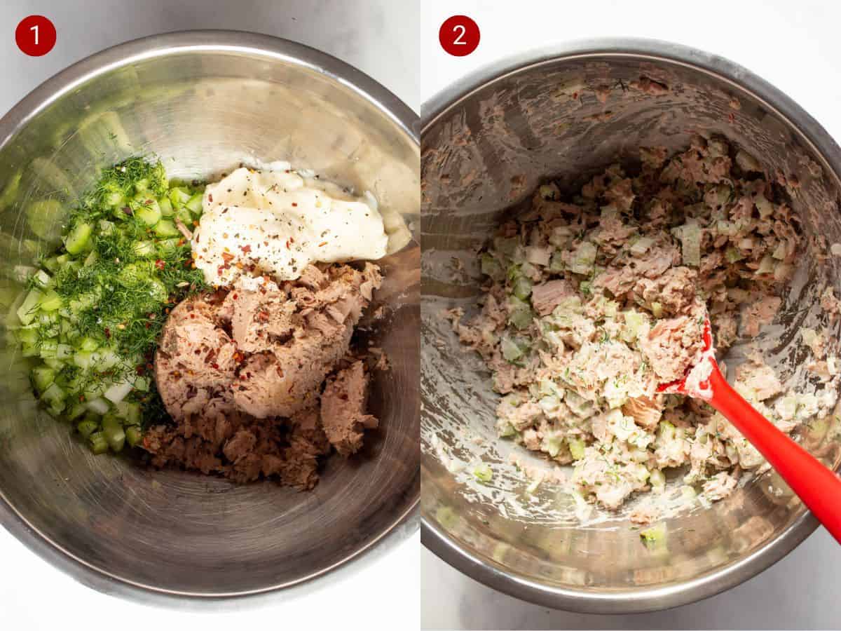 2 shots, one with mayonnaise, tuna, dill and salad ingredients in metal bowl and the other with all the ingredients mixed with red spoon.