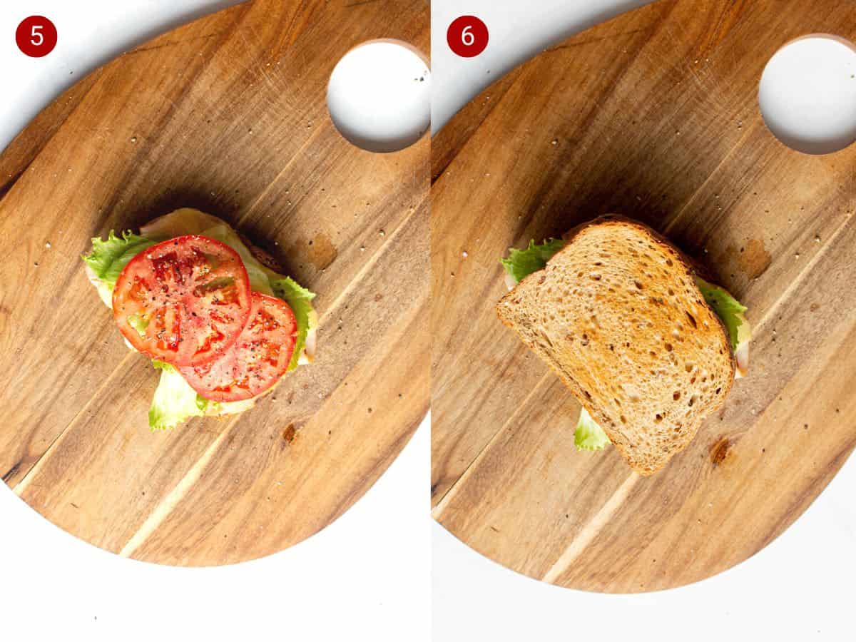 2 Step by step photos: the first with tomato slices with lettuce on the turkey and bread slice on a chopping board and second photo with toasted bread on top of sandwich.