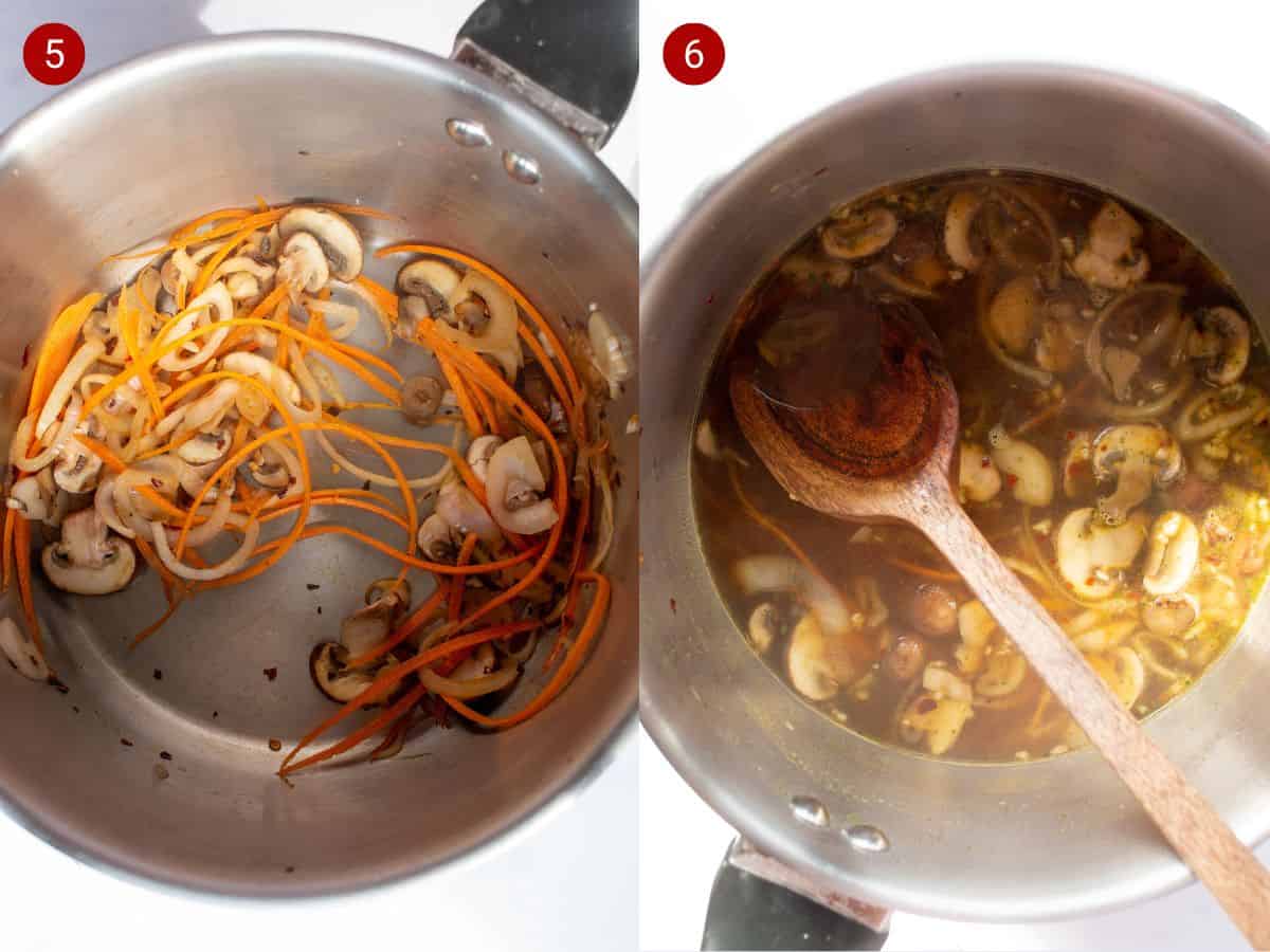 2 step by step photos, the first withcarrot spirals and mushrooms in frying in a sauce pan , the second with stock added to the sauce pan.