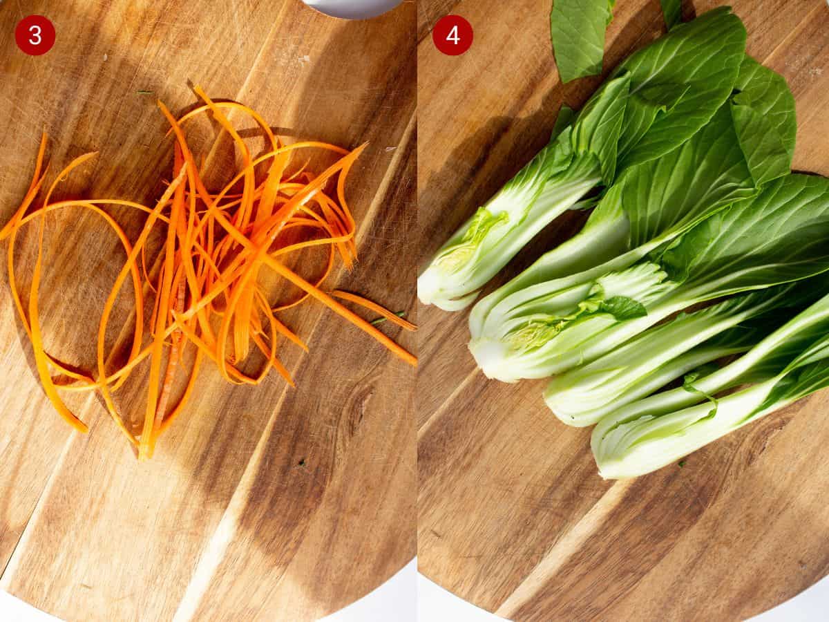 2 step by step photos, the first withcarrot strips on a board, the second with pak choi cut in quarter.