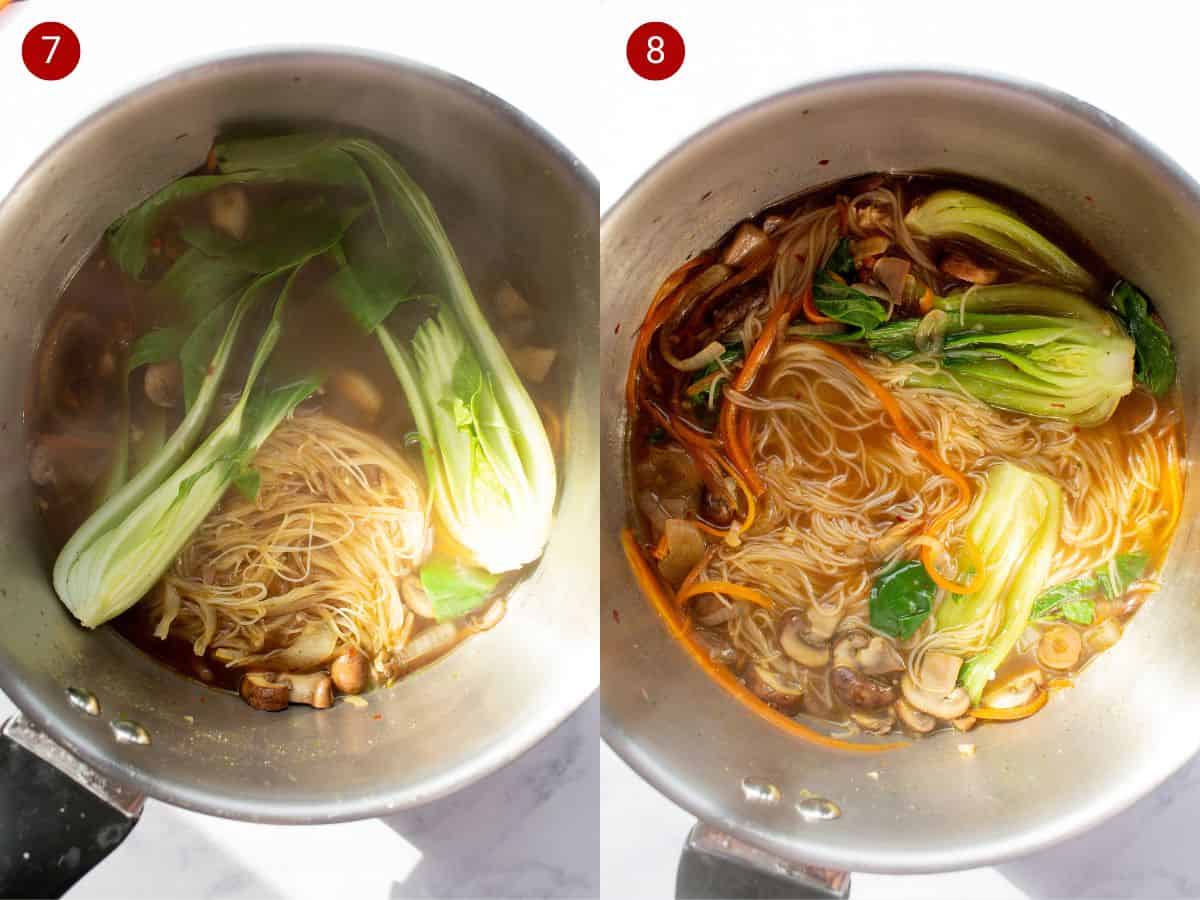 2 step by step photos, the first with pak choi and noodles addd to the sauce pan, the second with soup cooked with vegetables and noodles.