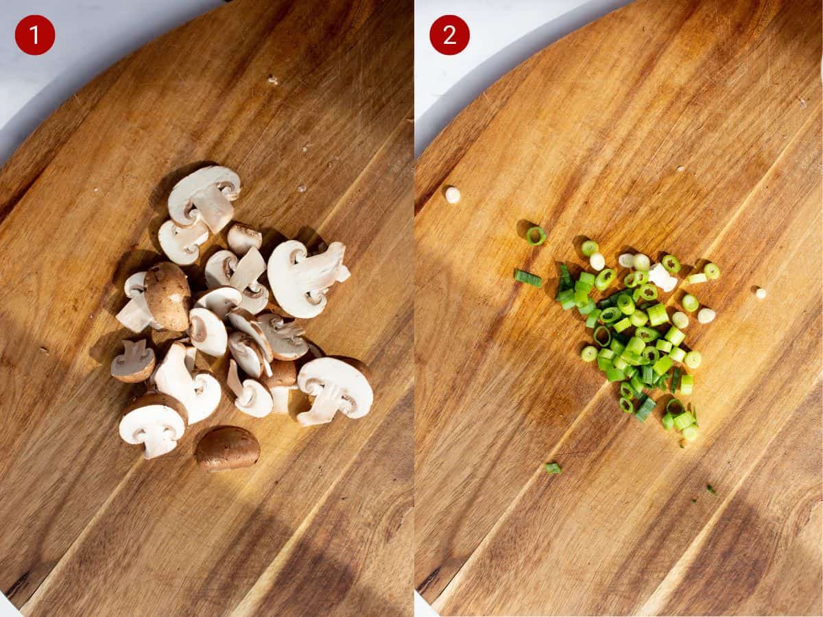 2 step by step photos, the first with slice mushrooms on a chopping board, the second with sliced spring onion on a board.