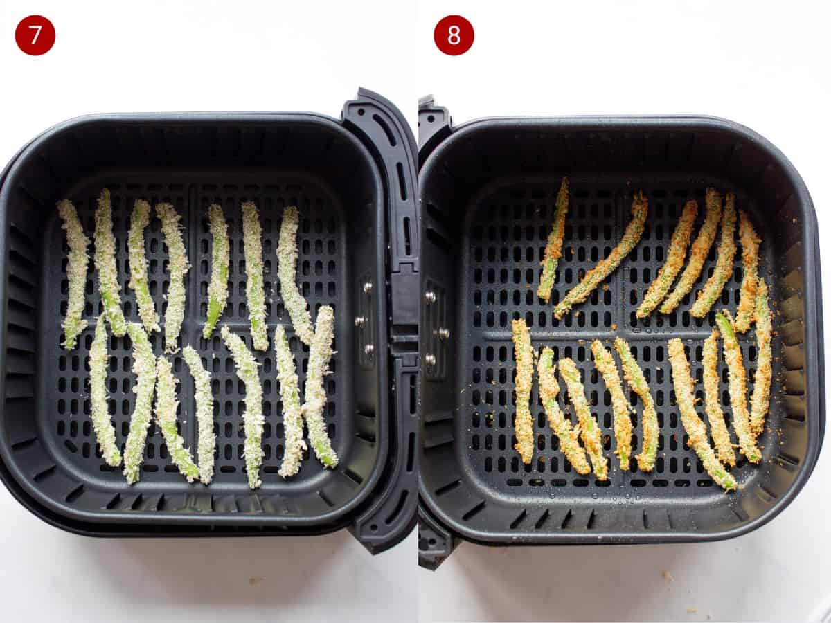 2 step by step photos; the first with coated green beans in the Air fryer tray and the second with cooked golden brown green beans fried in Airfryer tray.