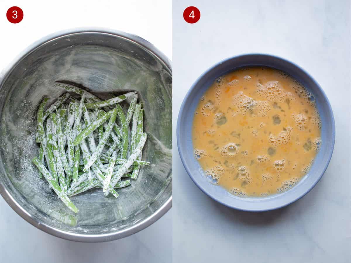 2 step by step photos; the first with green beans coated in flour in a bowl and the second with egg beaten in a bowl.