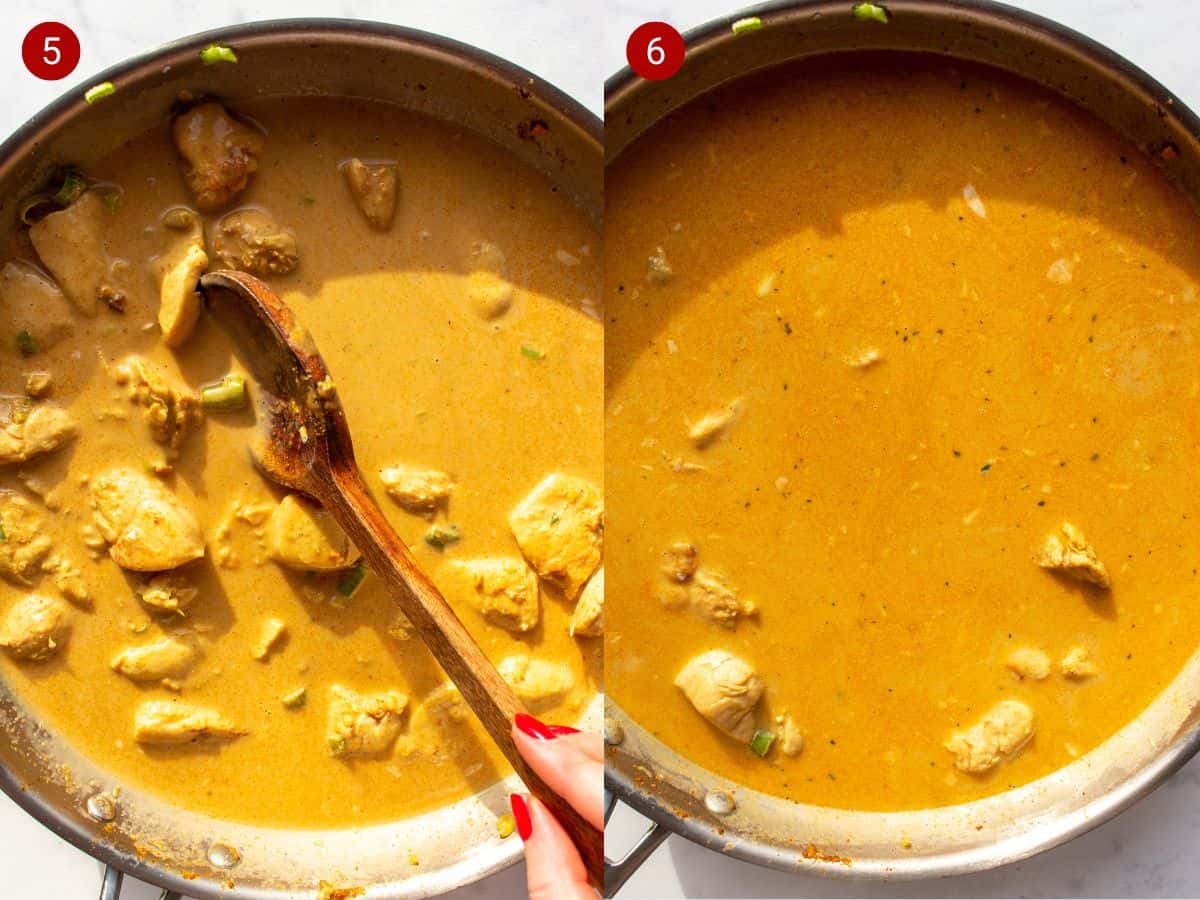 2 step by step photos, the first with chicken pieces with satay sauce , the second with stock added to the same pan.