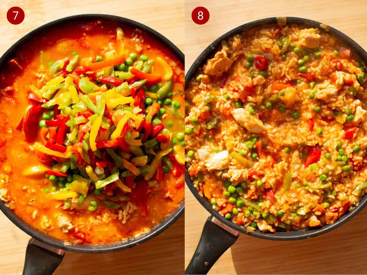 2 step by step photos, the first with mixed peppers and peas added to pan full of tomatoey stock and rice , the second with rice and chicken cooked in pan.