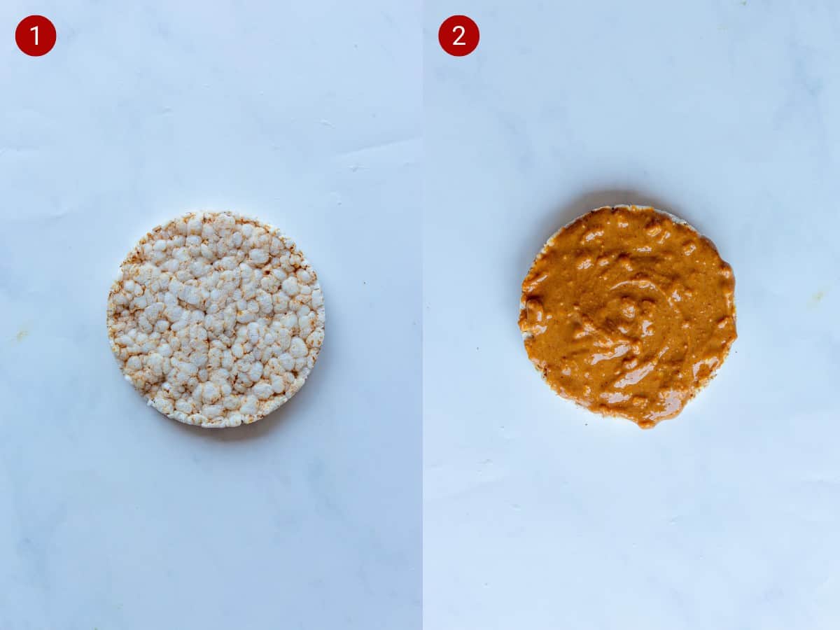2 step by step photos, the first with a rice cake and the second with a rice cake topped with peanut butter.