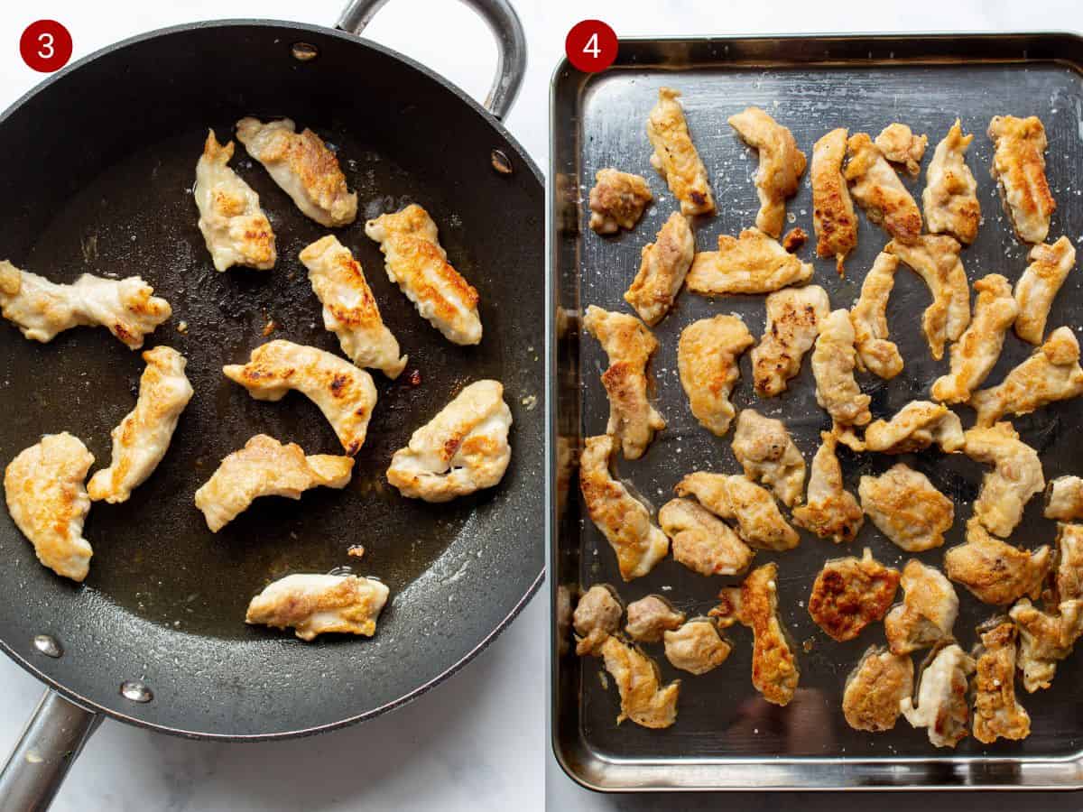 Step by step photos, the first with chicken pieces frying a pan and the second with chicken pieces laid out on metal tray.