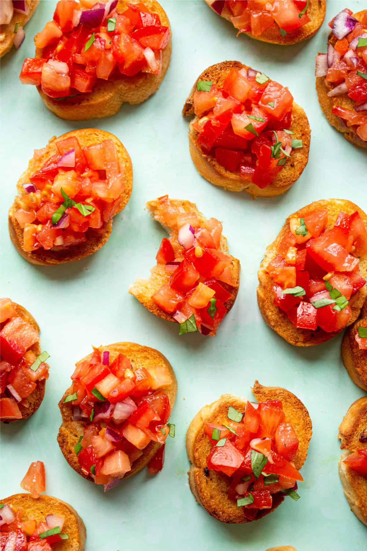 Small rounds of toasted bread on a pale background and topped with chopped tomatoes and onions.