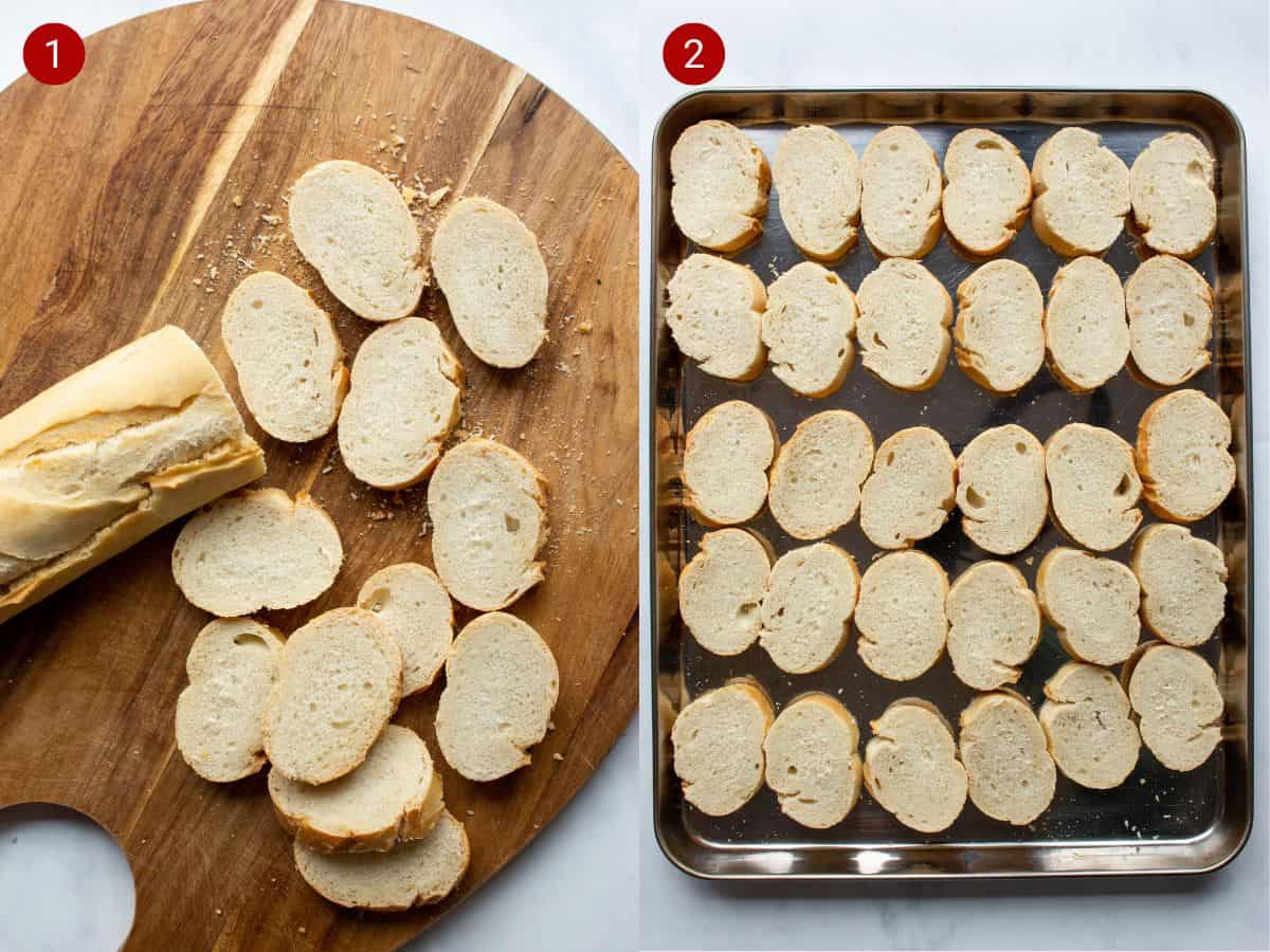 2 step by step photos, the first with a baguette being sliced on a chopping board and the second with the round bread slices spread out on baking tray.
