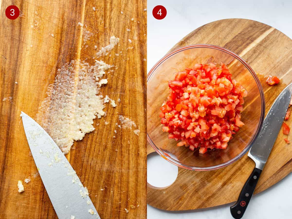 2 step by step photos, the first with garlic paste made with knife on chopping board and the second with chopped tomatoes in abowl.
