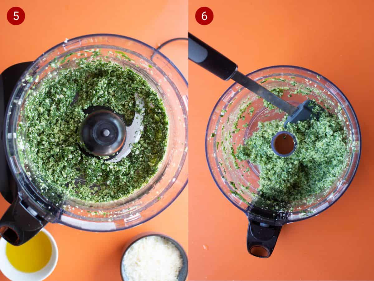 2 step by step photos, the first with cashews, oil and basil leaves blended in a food processor and the second with a spatula in the food processor mixture.
