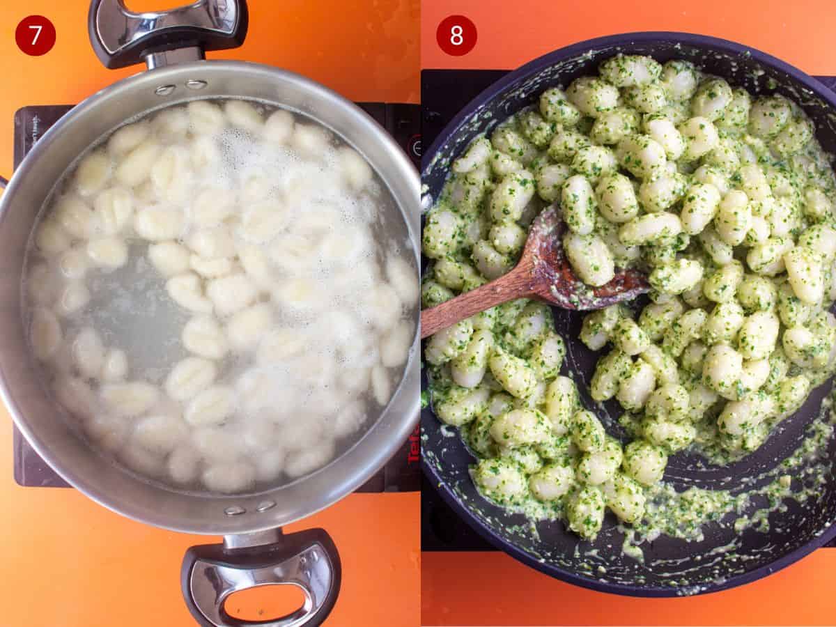 2 step by step photos, the first with gnocchi boiling in a panand the second with basil leaves and the second with the gnocchi drained and in the pan with the pesto sauce.