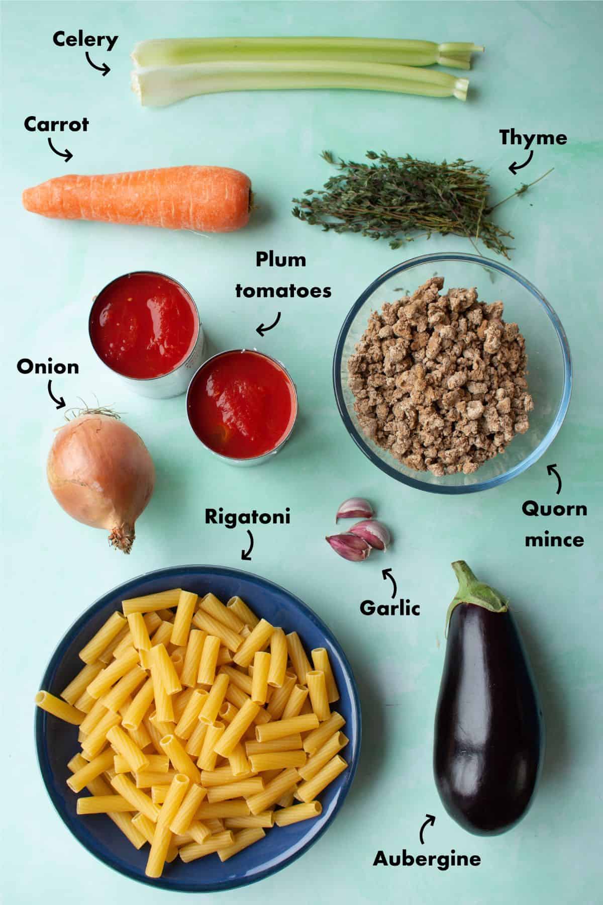 Ingredients for Quorn bolonese laid out on a pale blue background and labelled.
