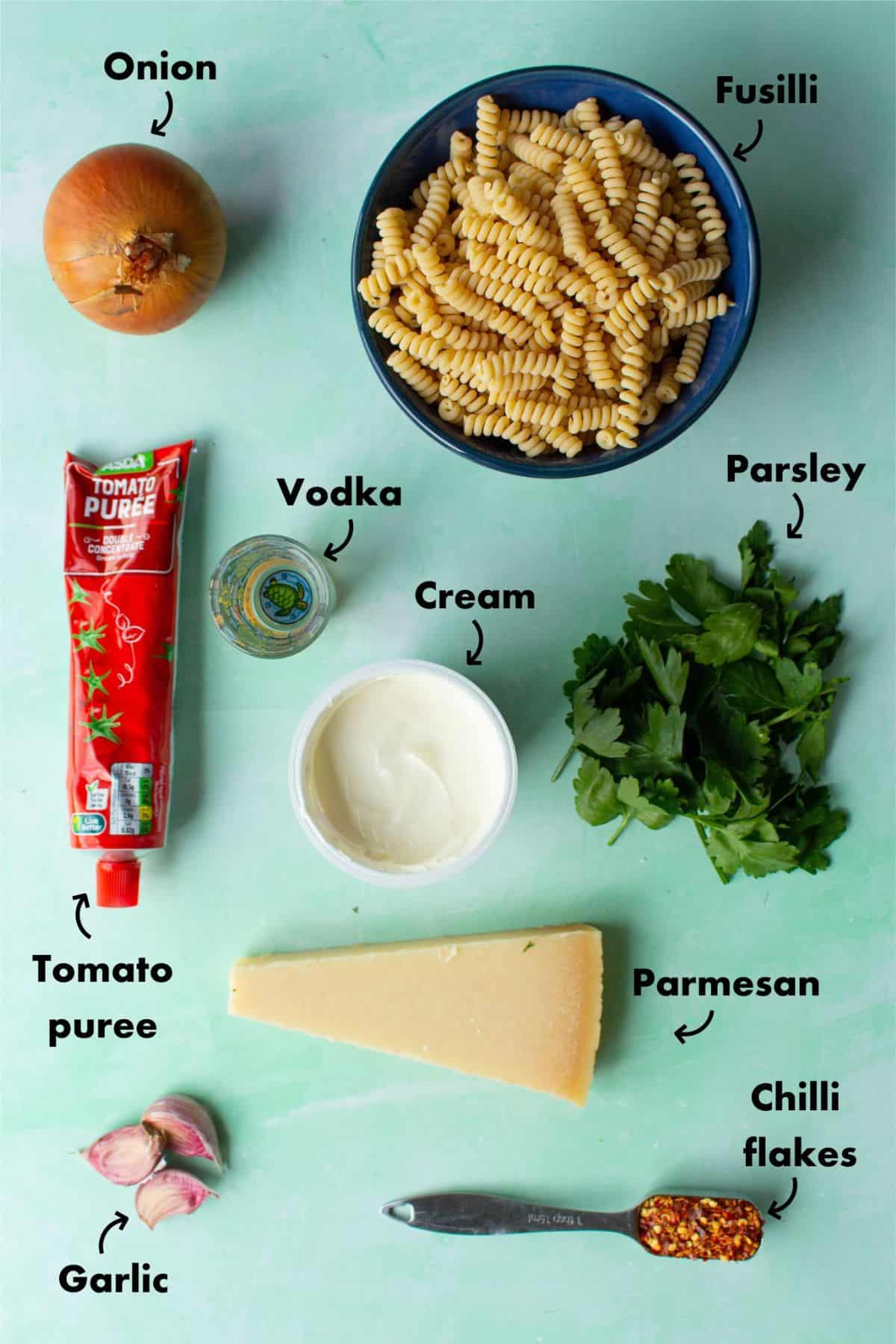 Ingredients to make vodka pasta laid out on a pale blue background and labelled.