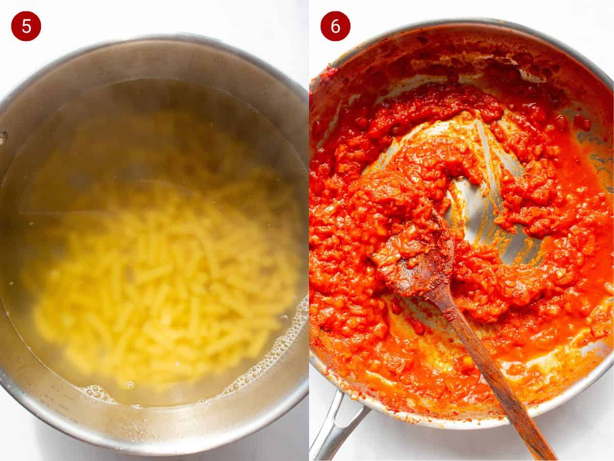 2 step by step photos, the first with pasta in water in saucepan, the second with the tomato and onions stirred with wooden spoon.