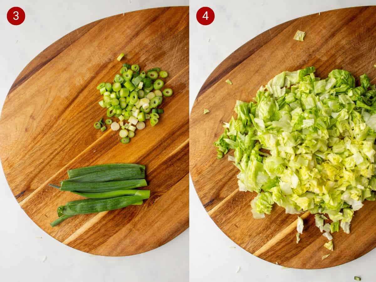 2 step by step photos, the first chopping spring onion and the second chopping lettuce on a board.