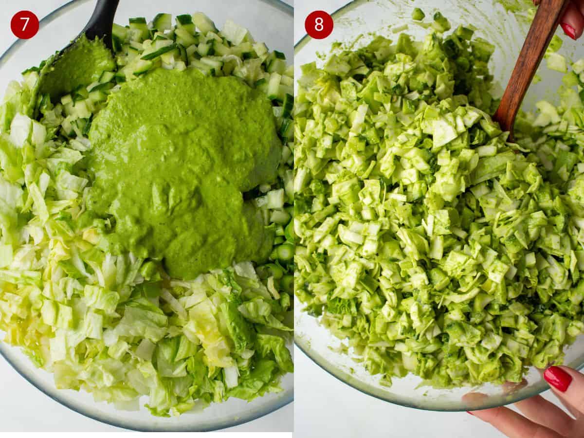 2 step by step photos, the first with the green dressing poured over the salad and the second with the dressing mixed in.