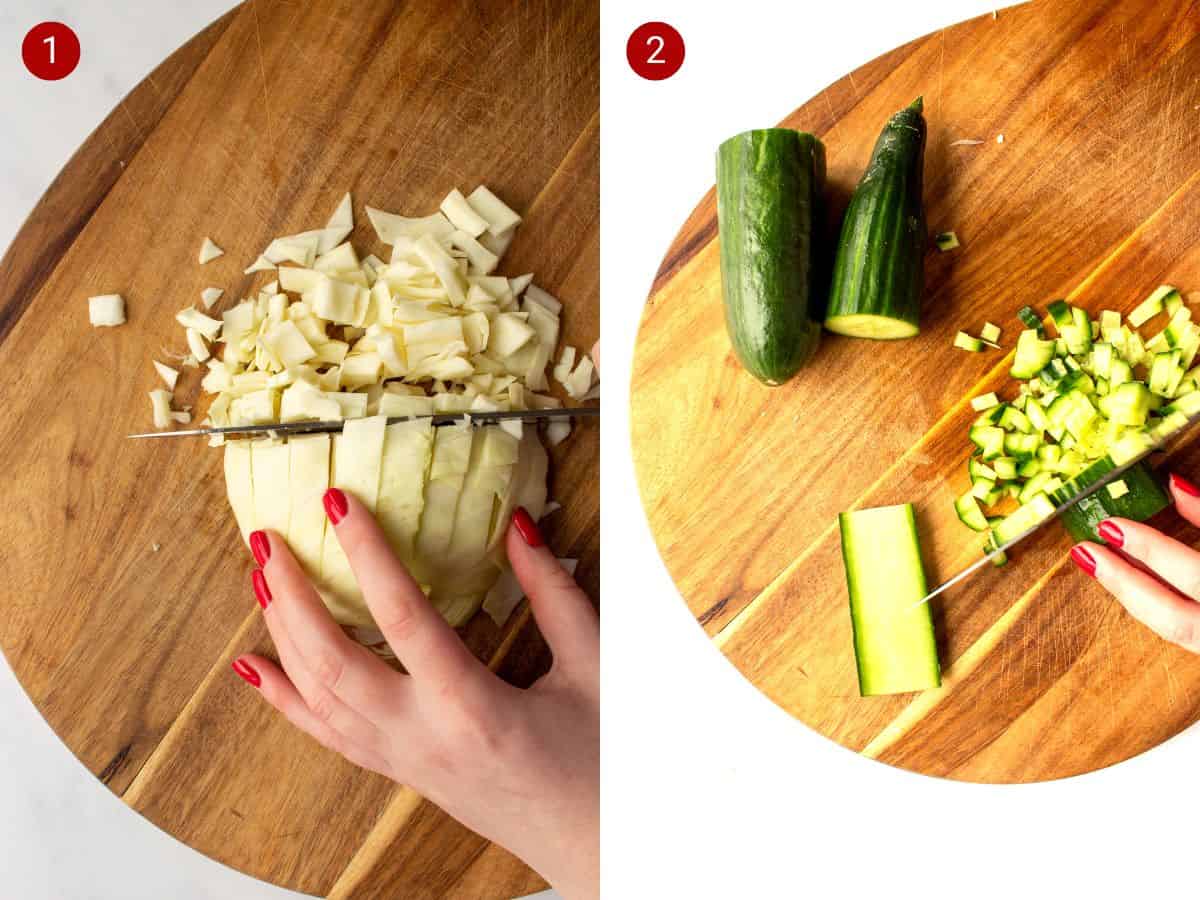 2 step by step photos, the first chopping cabbage and the second chopping cucumber on a board.