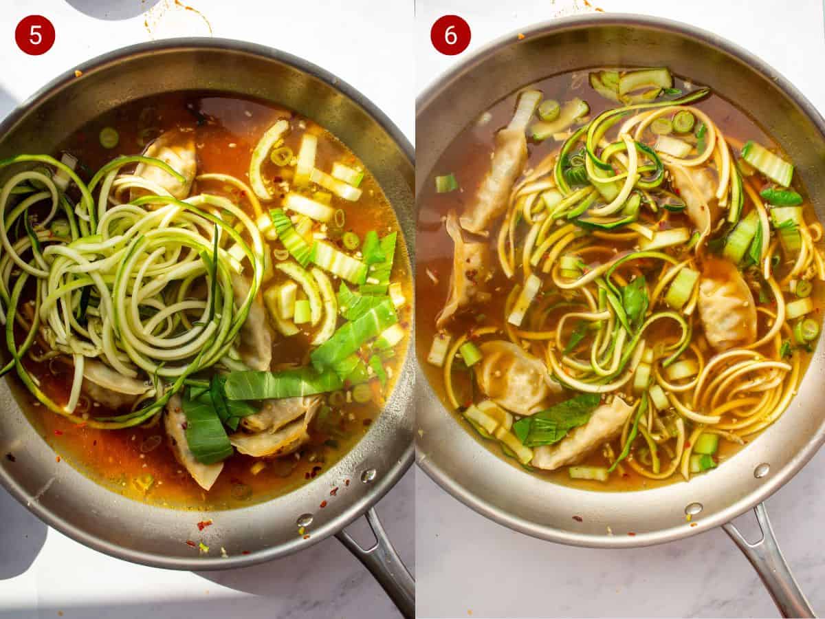 2 step by step photos, the first with spiralised courgette and pak choi added to soup with dumplings, the second the soup cooked with the vegetables.