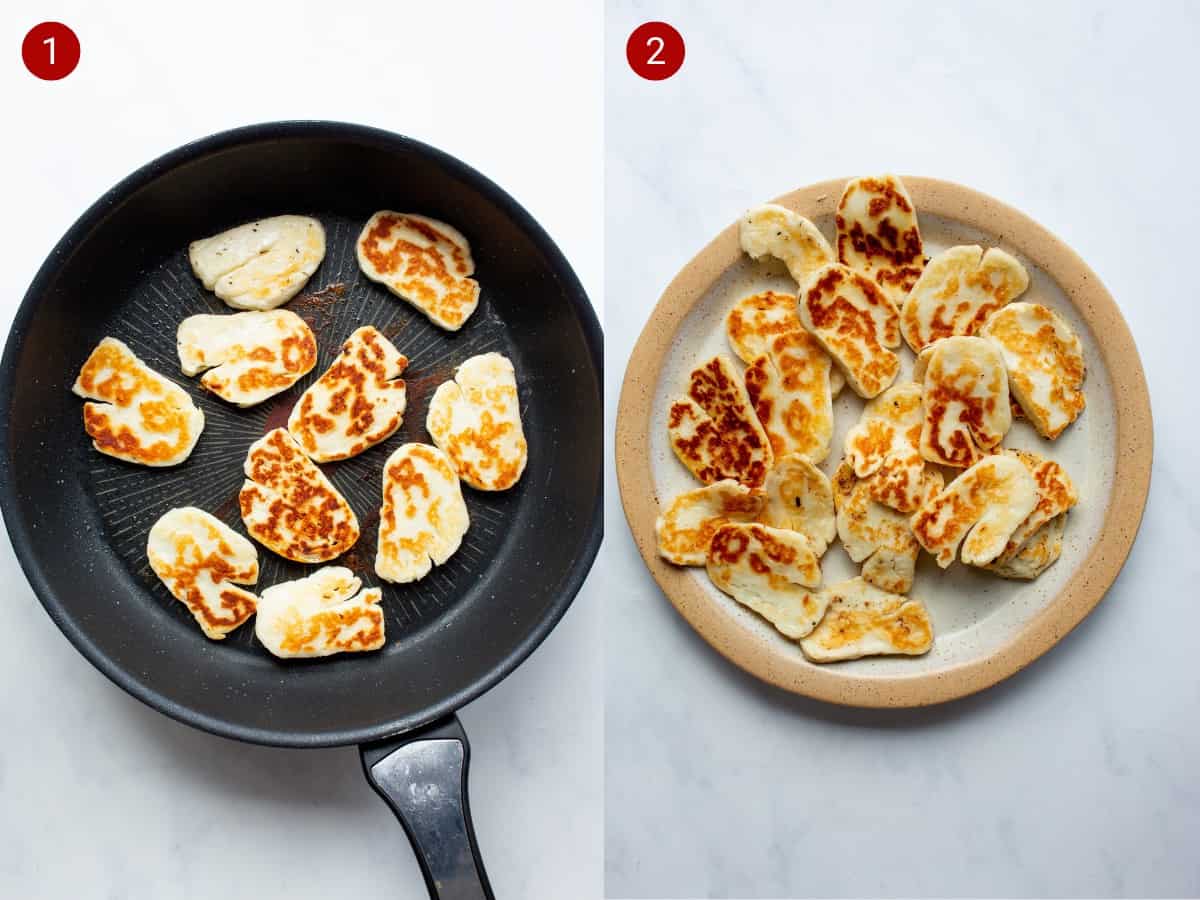 2 step by step photos, the first with halloumi frying in pan and the second with golden brown halloumi on plate.