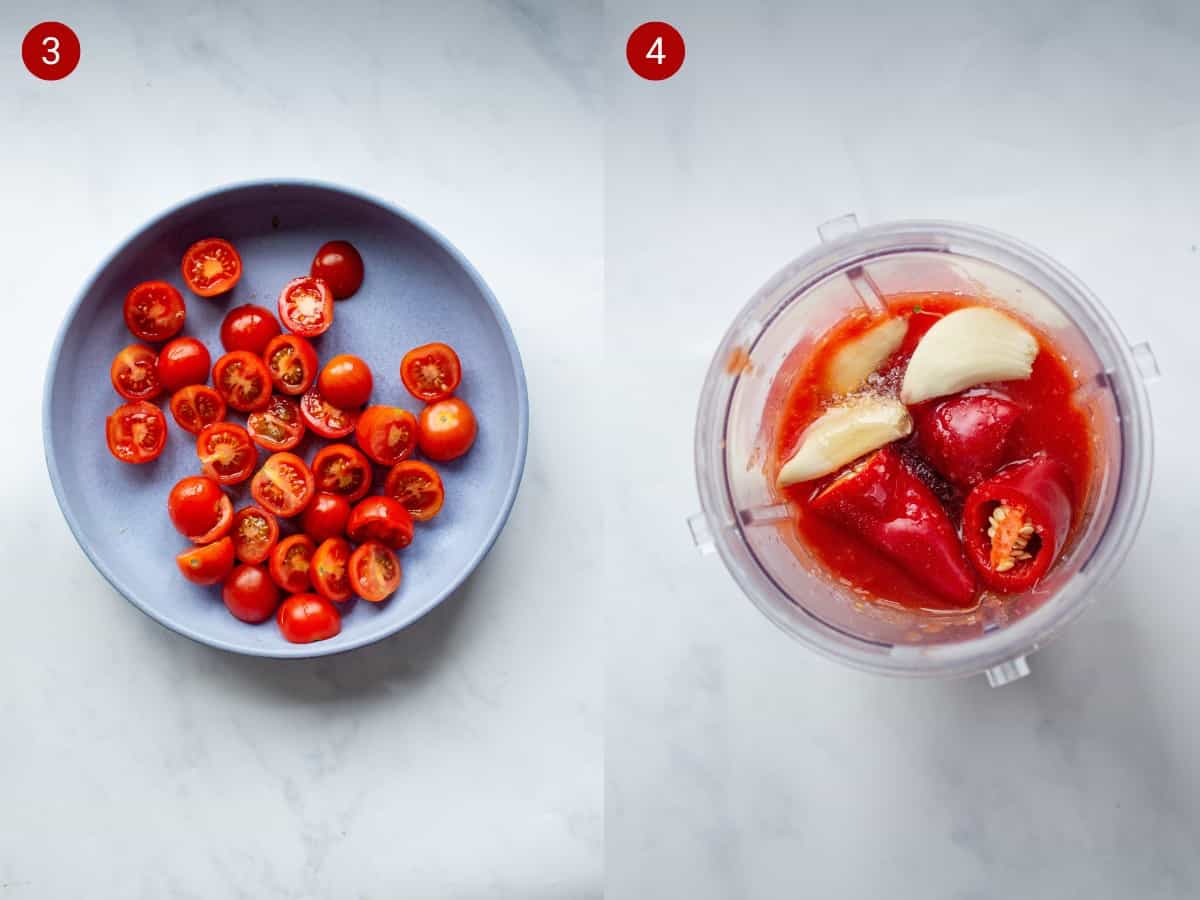 Step by step photos, the first with chopped tomatoes in a bowl and the second with garli cloves, chillies and tomatoe juice in a blender.