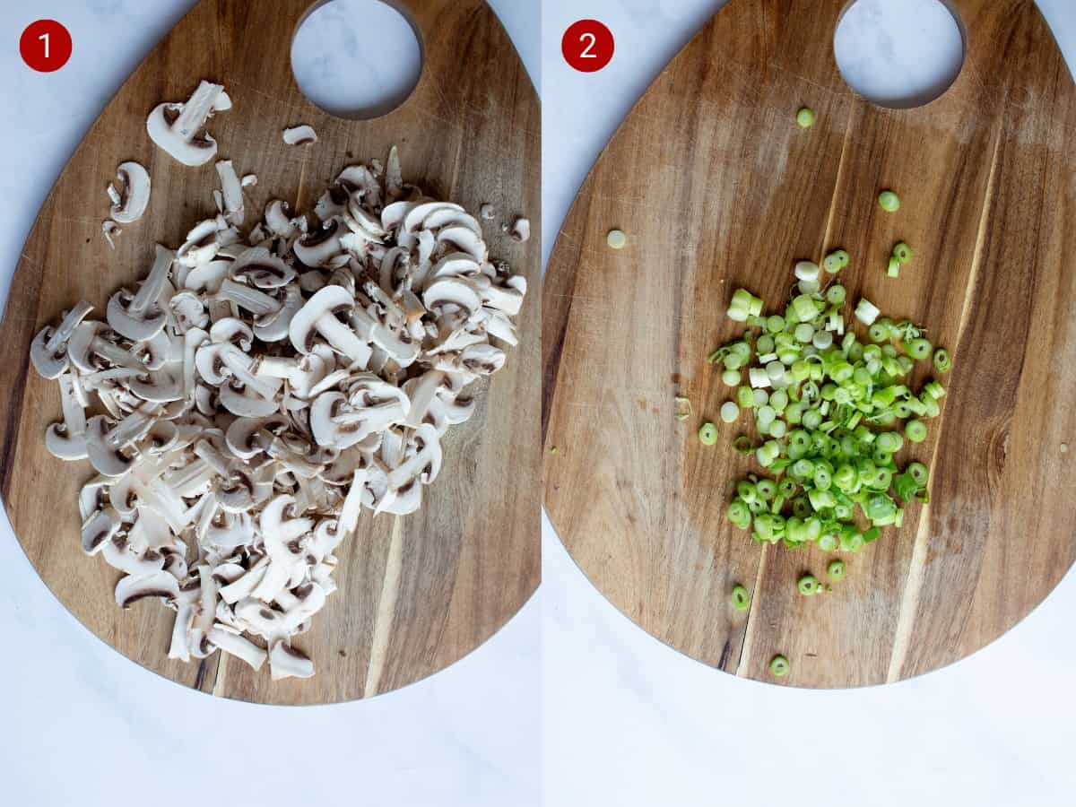 2 step by step photos, the first with sliced mushrooms on a chopping board and the second with chopped spring onions on a board.