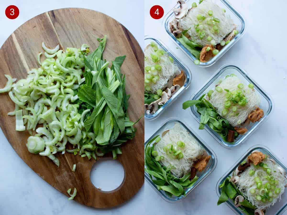 2 step by step photos, the first with sliced pak choi on a chopping board and with all the meal prep ingredients for noodles in 5 glass containers.
