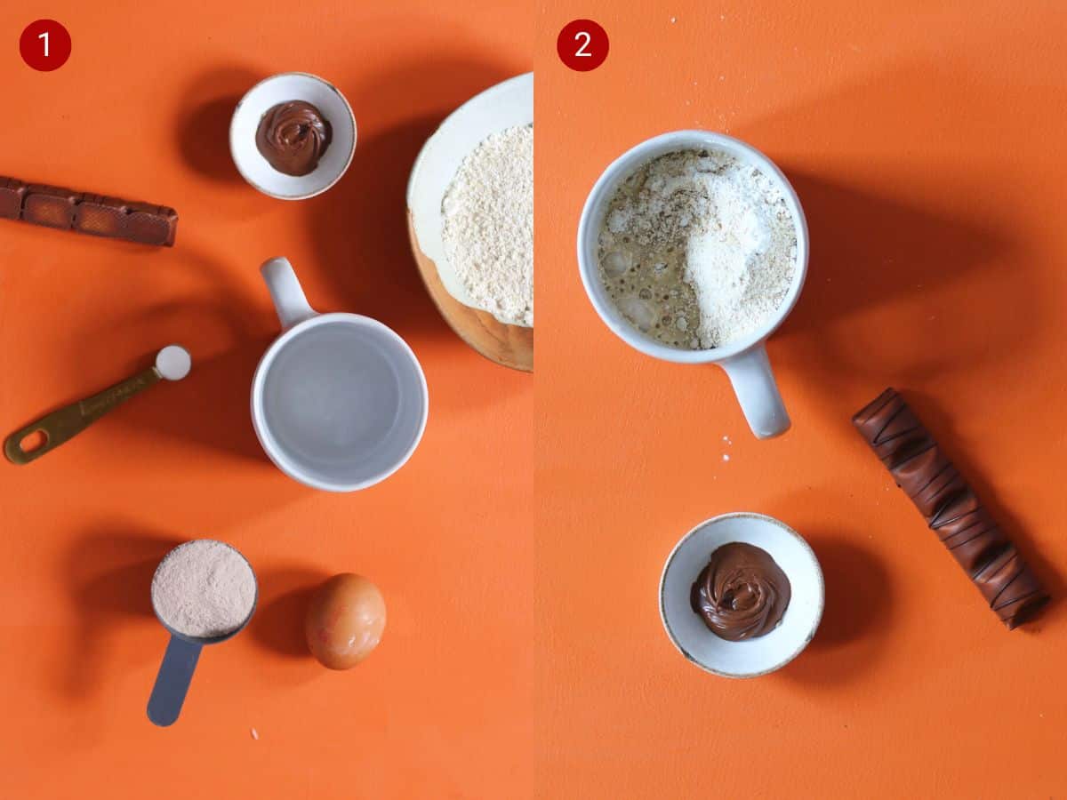 2 step by step photos, the first with ingredients for mug cake laid out and the second qith the ingredietns in the mug, a chocolate bar and Nutella in a bowl.