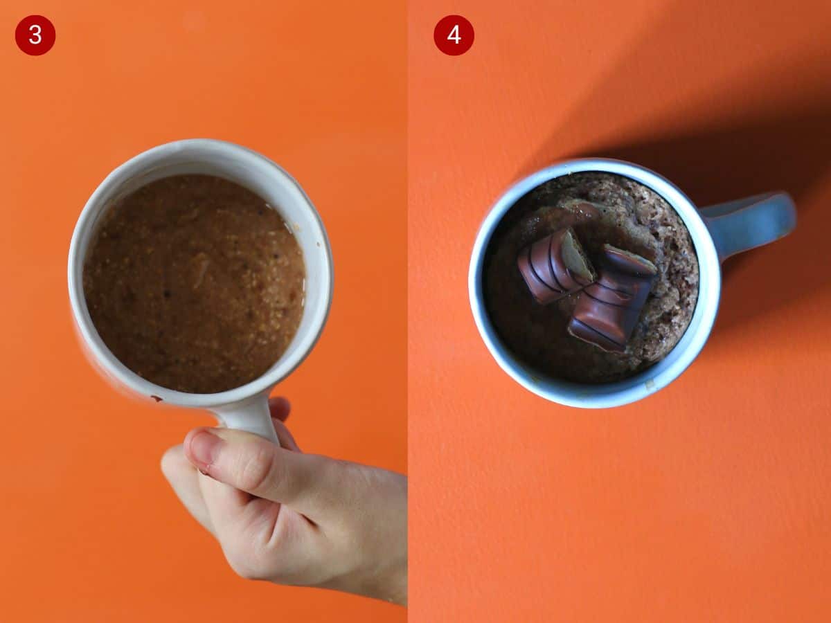 2 step by step photos, the first with ingredients for mug cake laid out and the second qith the ingredietns in the mug, a chocolate bar and Nutella in a bowl.