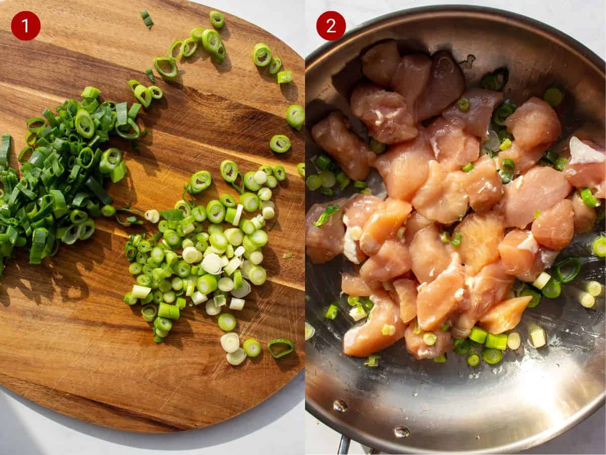2 step by step photos, the first spring onions chopped on a board, the second with chicken and spring onions frying in a pan.