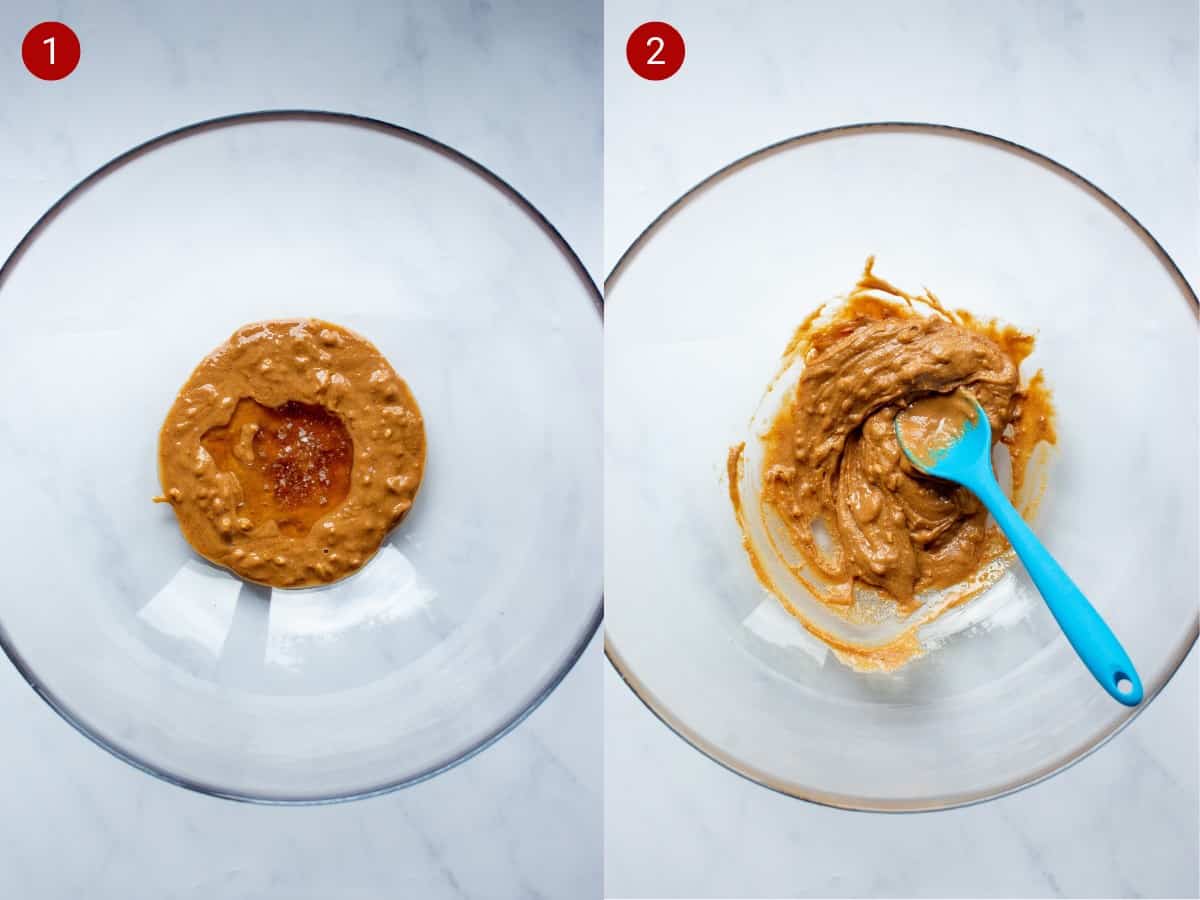 2 step by step photos; the first with a bowl with honey and peanut butter, the second with the honey and peanut butter mixed with a blue spoon.