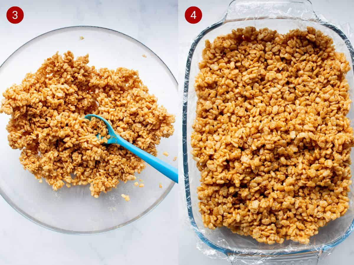 2 step by step photos; the first with a bowl rice Krispies mixed with honey and peanut butter, the second with mixture in a cling film lined dish.