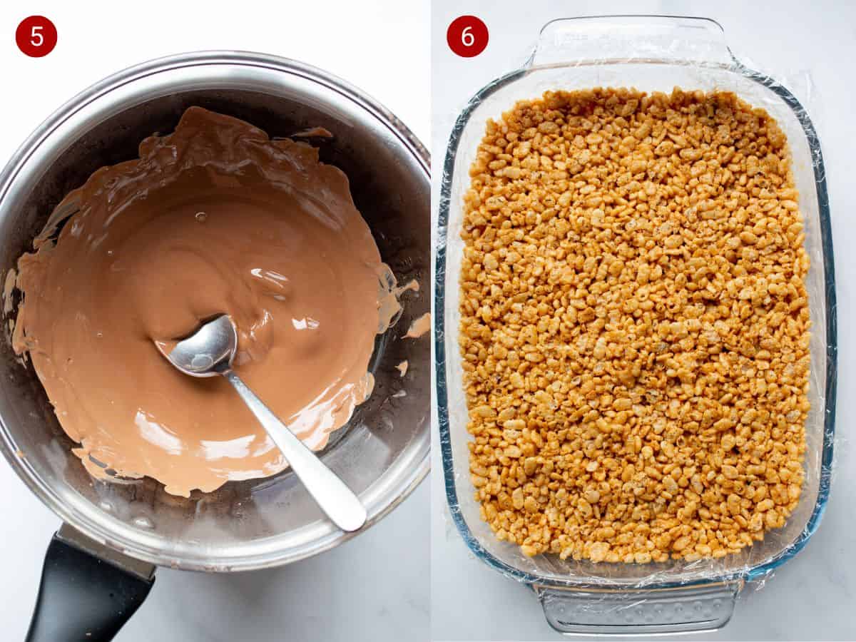 2 step by step photos; the first with a bowl of chocolate melting with a spoon, the second with the rice krispie mixture patted down in a cling film lined dish.