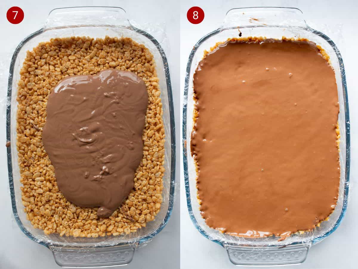 2 step by step photos; the first with the dish with melted chocolate poured in middle of the rice Krispies, the second with the melted chocolate spread evenly over the top.