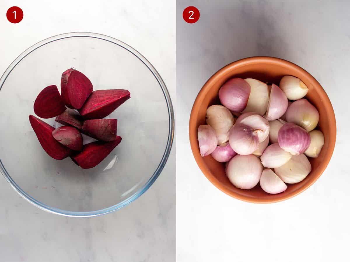 2 step by step photos, the first with raw beetroot in a bowl and the second with peeled shallots in a bowl.