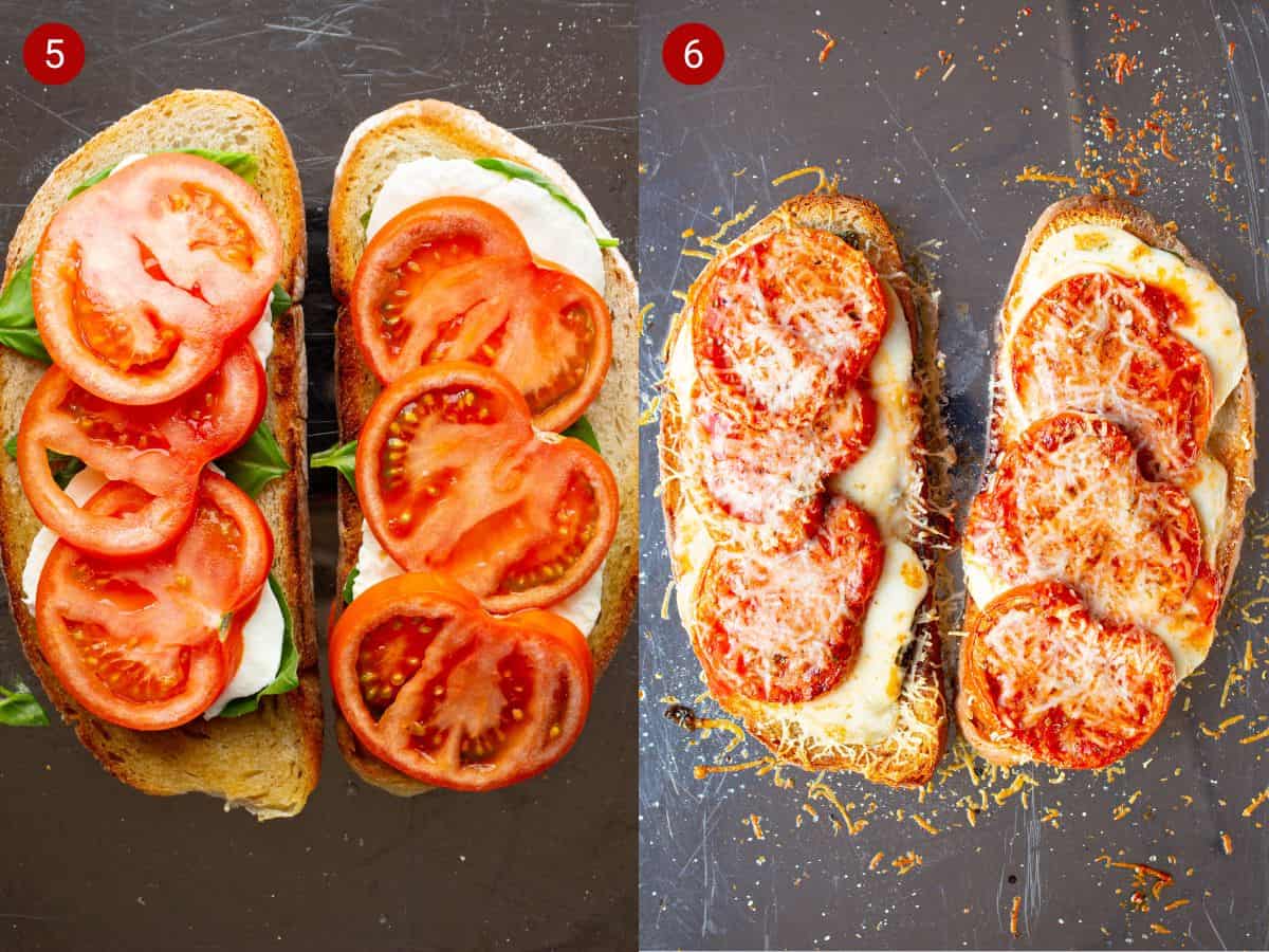 2 step by step photos, the first with slices of tomato, cheese and lettuce on a slice of bread and the second with tomatoes, mozzarella cooked and melted on a baking sheet.