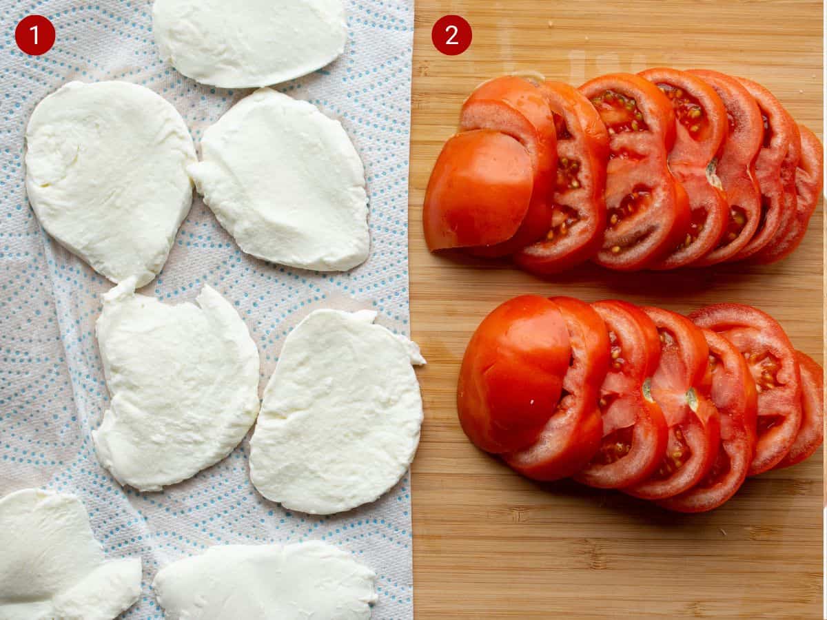 2 step by step photos, the first with slices of mozzarella on a kitchen roll and the second with tomato slices in a chopping board.