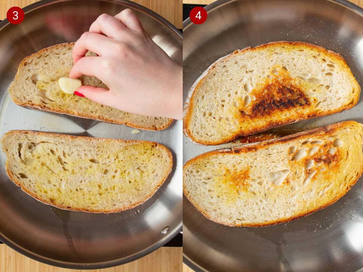 2 step by step photos, the first with 2 slices of sour dough bread in a frying pan with a galric clove being spread with fingers and the second with the bread now toasted on one side in the pan.