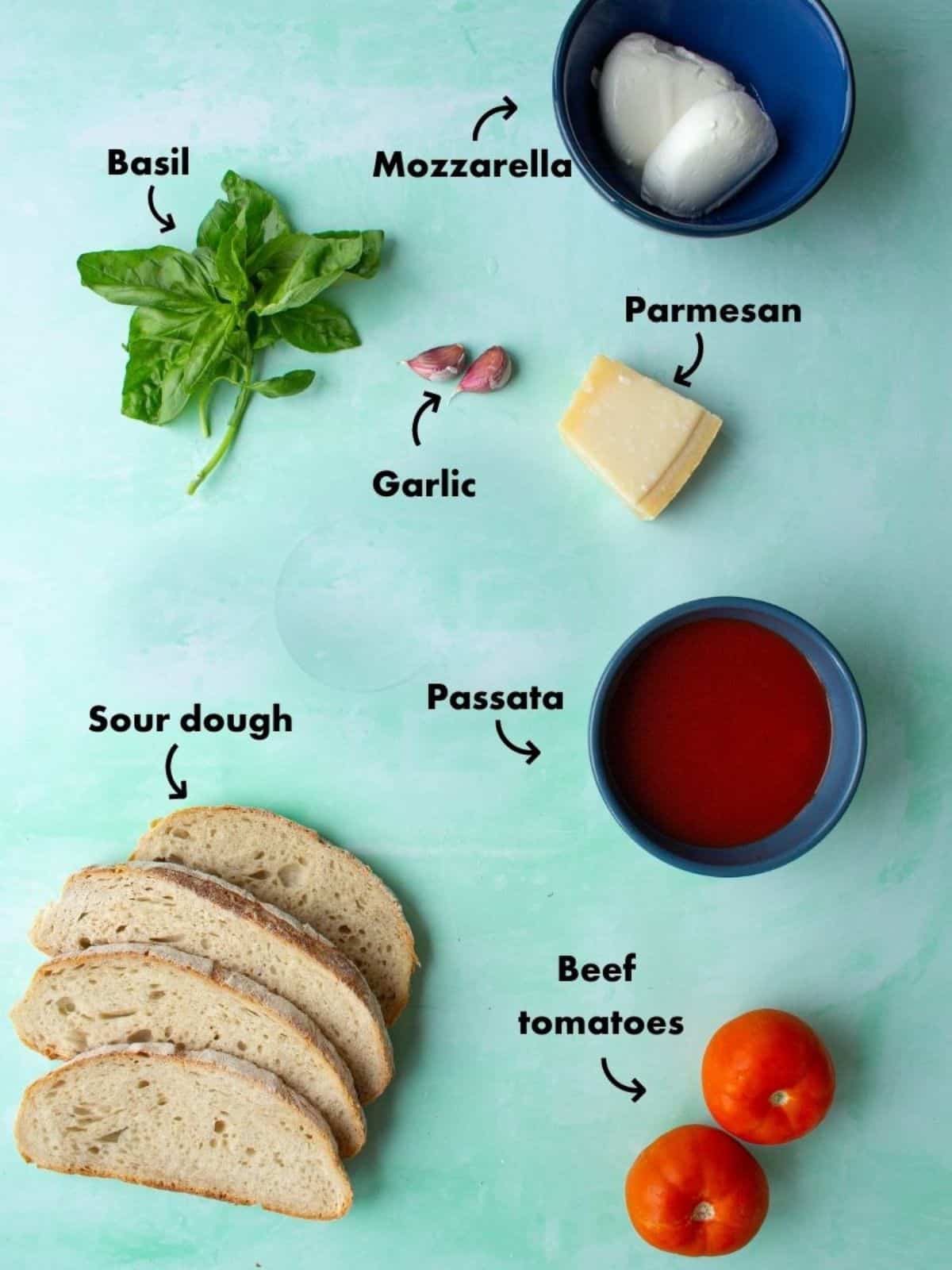 Ingredients to make pizza toast laid out on a pale blue background and labelled.