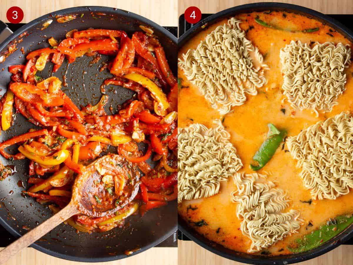 2 step by step photos, the first peppers fried in the pan with sauce and mixed with a wooden spoon and the second the noodles and stock added to the pan.