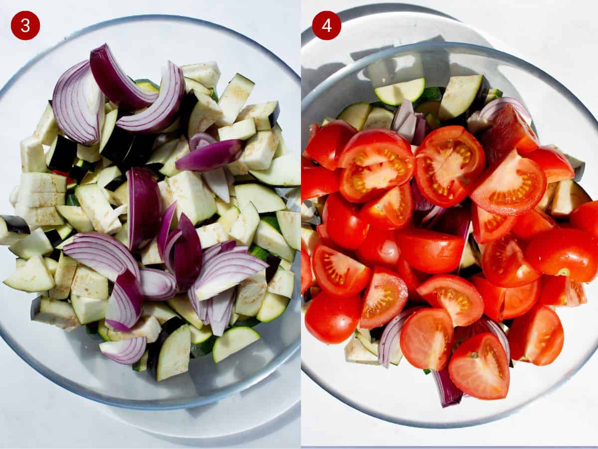 2 step by step photos, the first with red onion wedges and courgette slices in a bowl and the second with tomato quarters added to bowl.