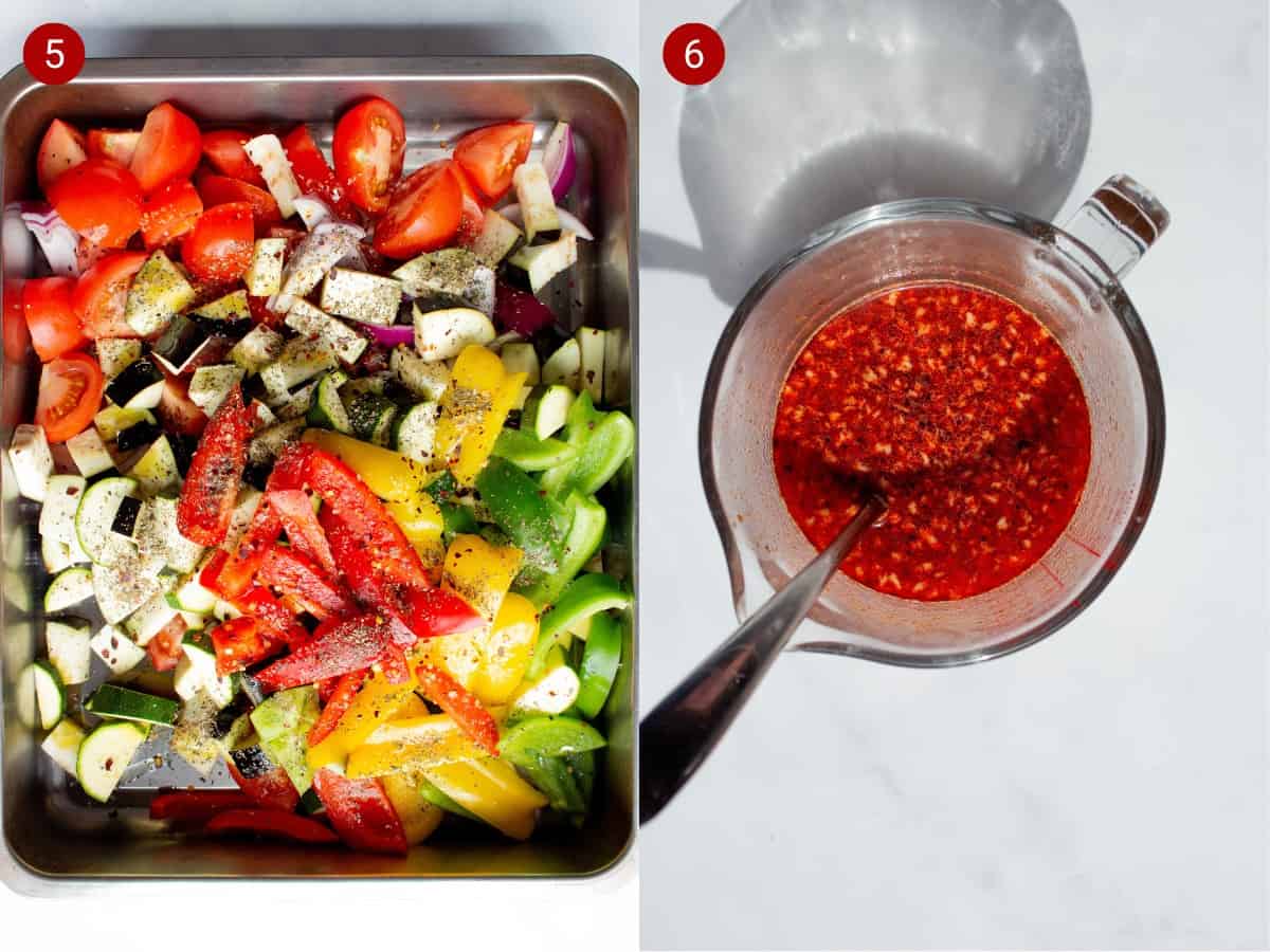 2 step by step photos, the first with seasoned mixed vegetables in a baking tray and the second with sauce in a glass jug with large spoon.