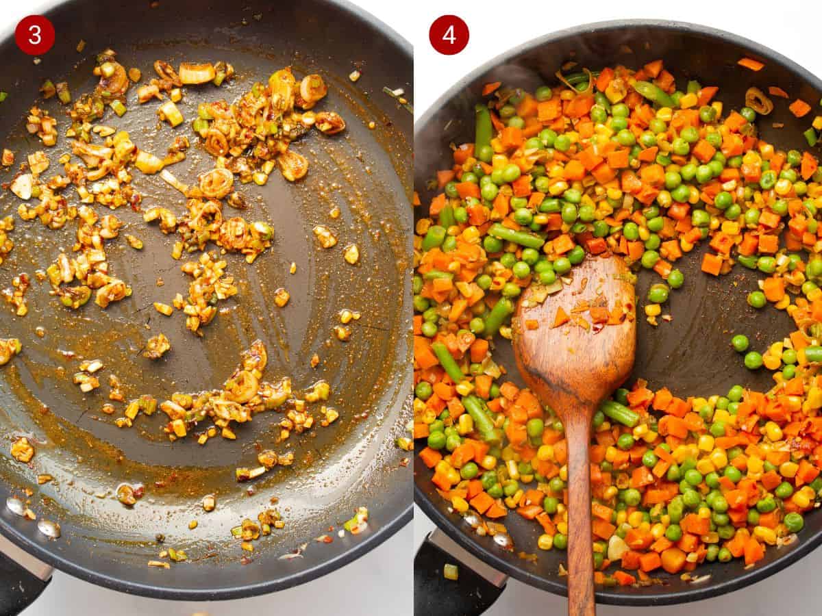 2 step by step photos, one with onions frying in a pan with spices and the second chopped vegetables including carrots, beans and peas added to the pan.