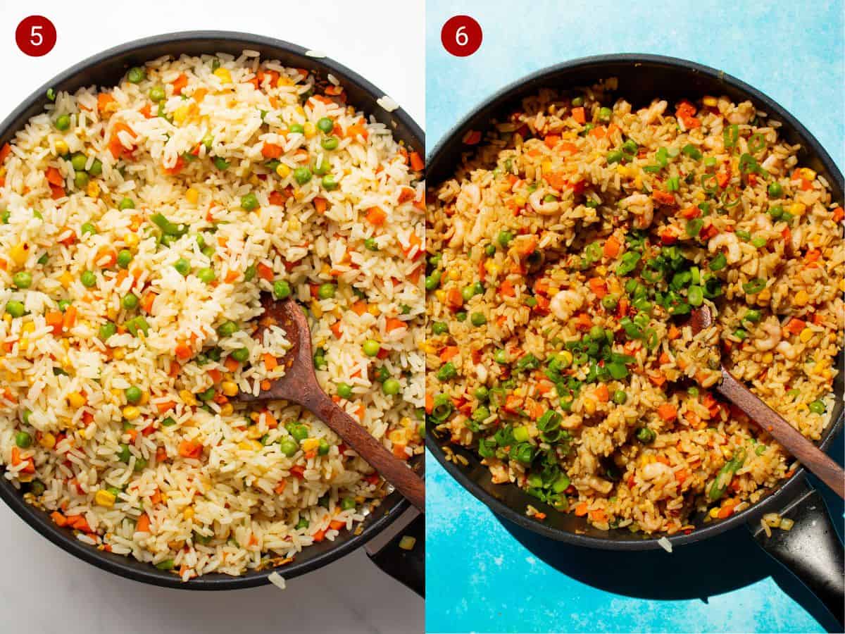 2 step by step photos, one with rice and vegetables in a pan and the second with spices and prawns added to the same pan and stirred with wooden spoon.