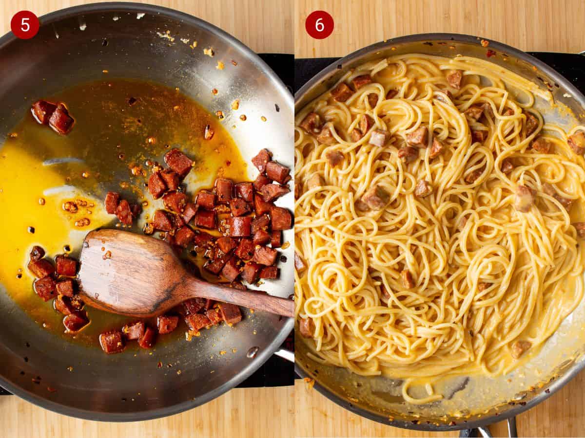 2 step by step photos, the first with chorizo frying in a pan, the second with spaghetti and egg mix added to the pan.