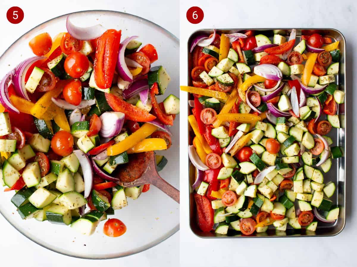 2 step by step photos, the first with sliced with the sliced vegetables in a bowl with a dressing, the second with the sliced vegetables on a metal baking tray.